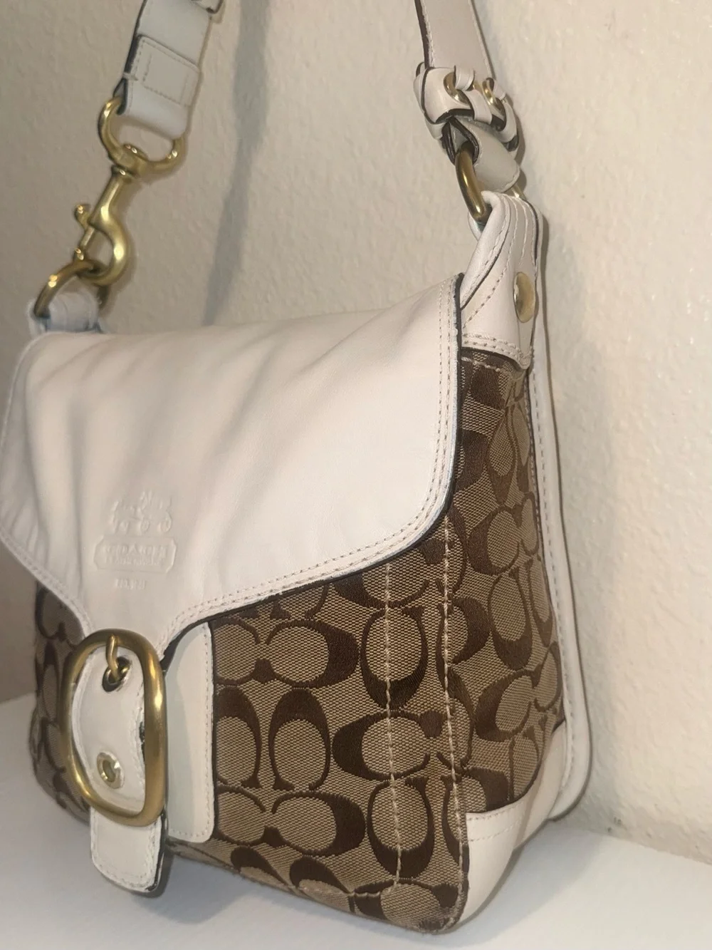 Coach White and Brown Signature Shoulder Bag with Brass Buckles